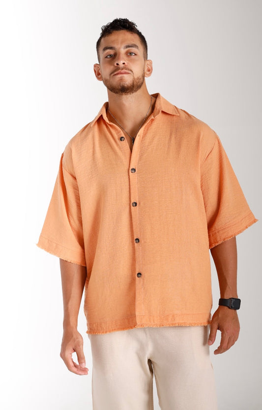 Crinkled Linen Oversize Shirt - Orange