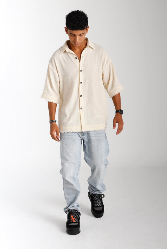 Crinkled Linen Oversize Shirt - Offwhite