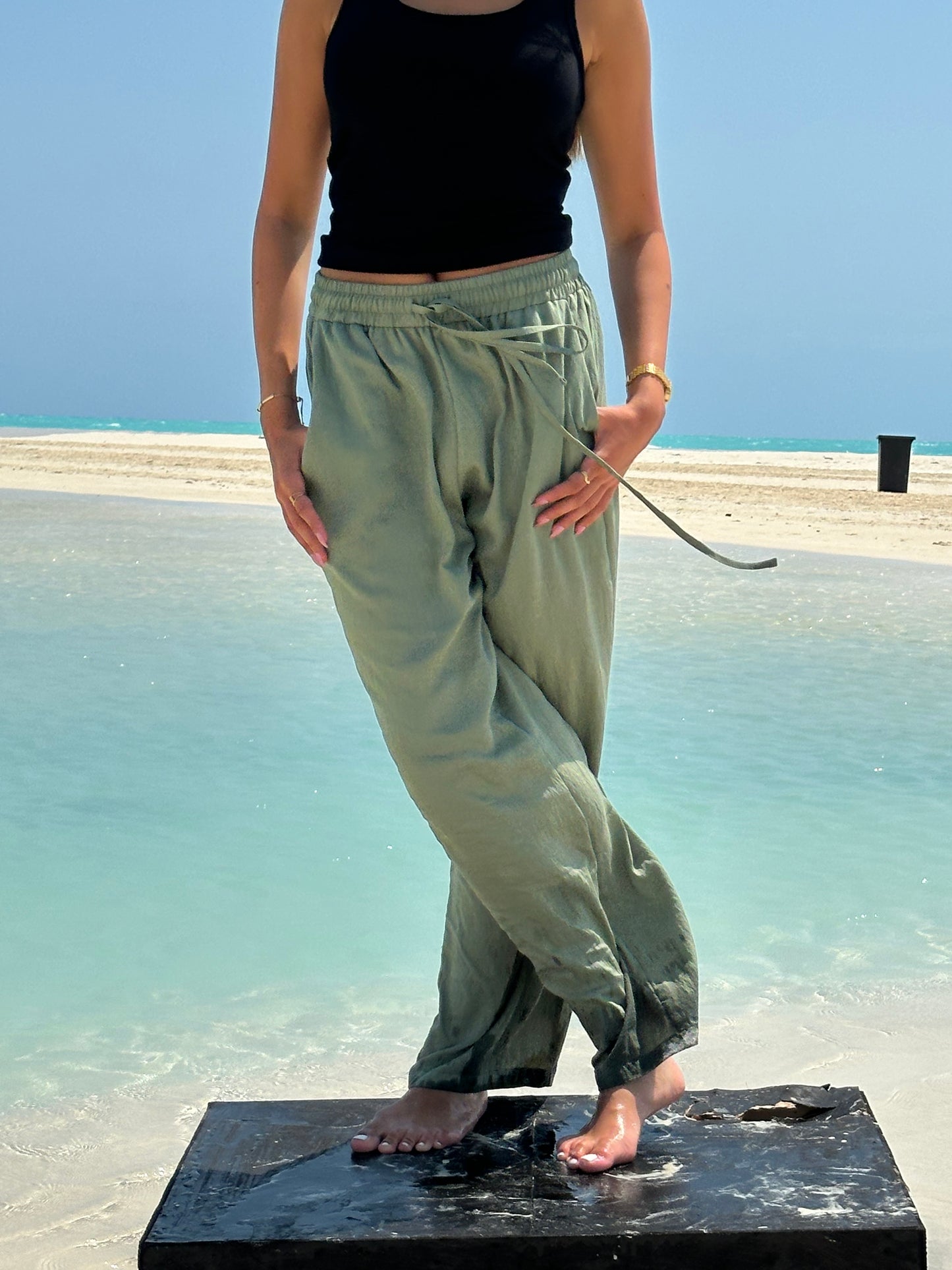 Wide Linen Pants| Army