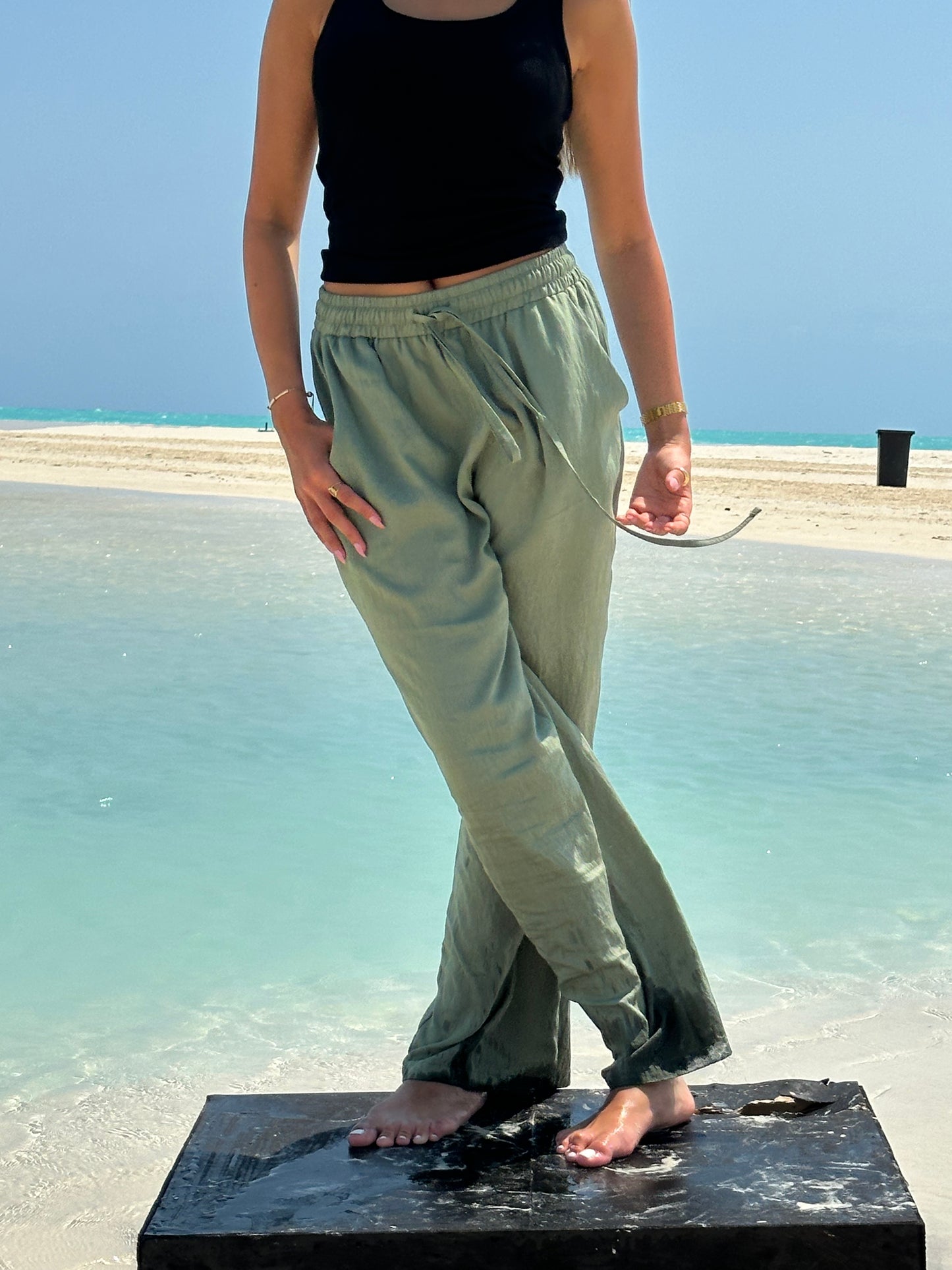 Wide Linen Pants| Army