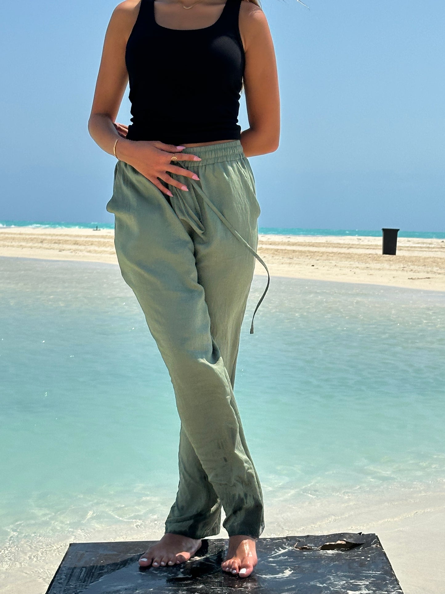 Wide Linen Pants| Army