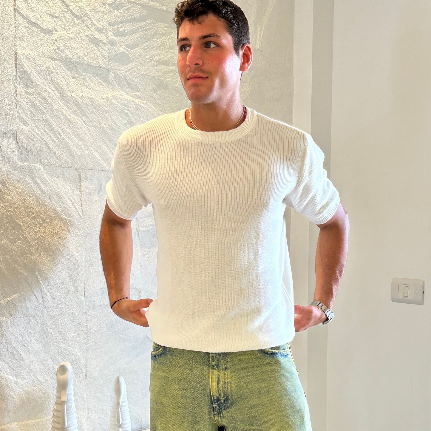Knitted textured crew neck Tee | White