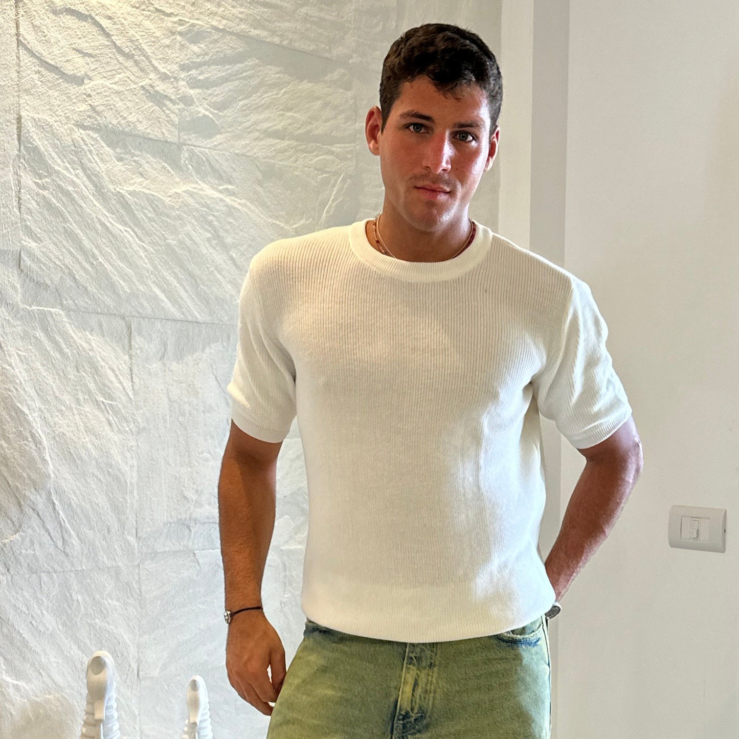 Knitted textured crew neck Tee | White