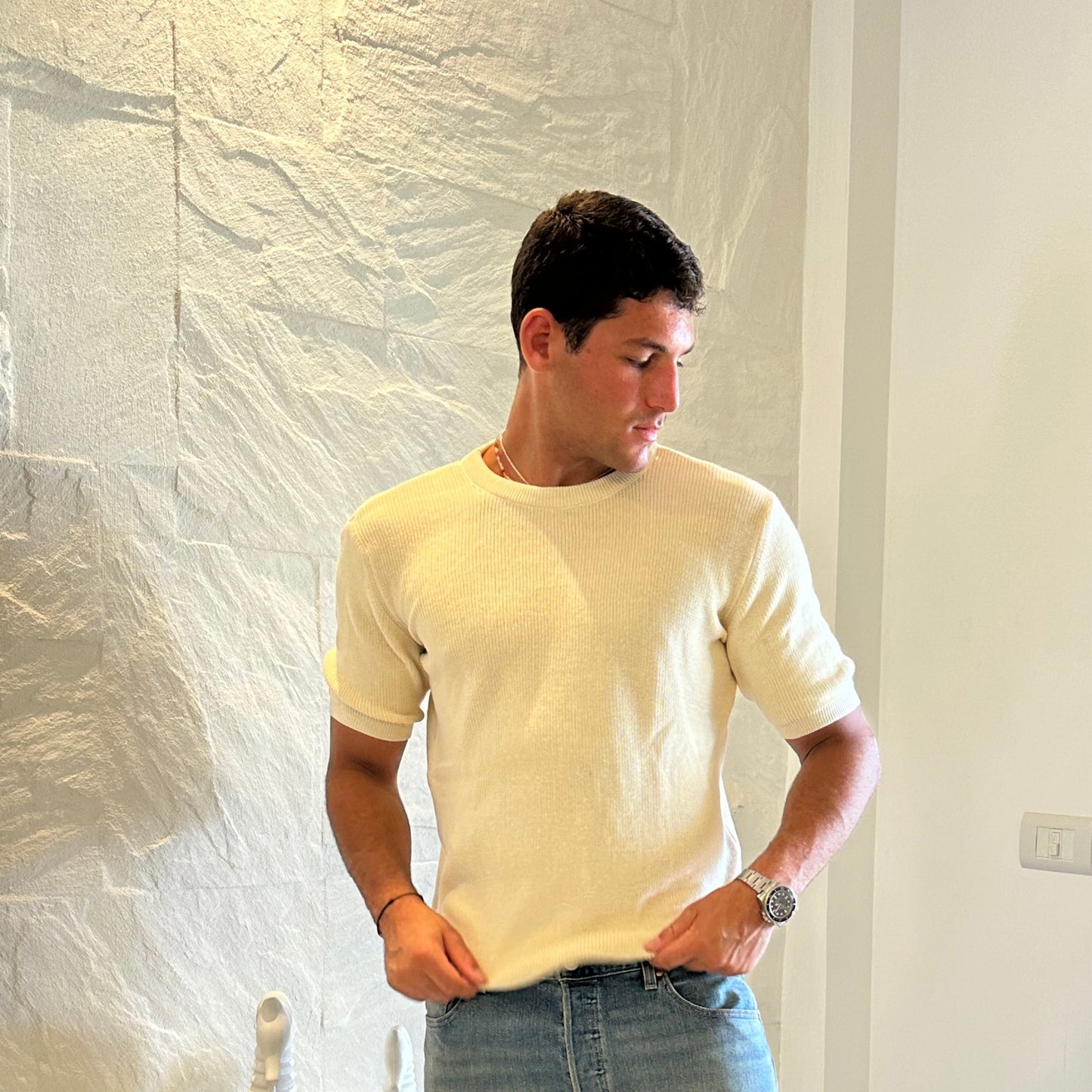 Knitted textured crew neck Tee | Stone