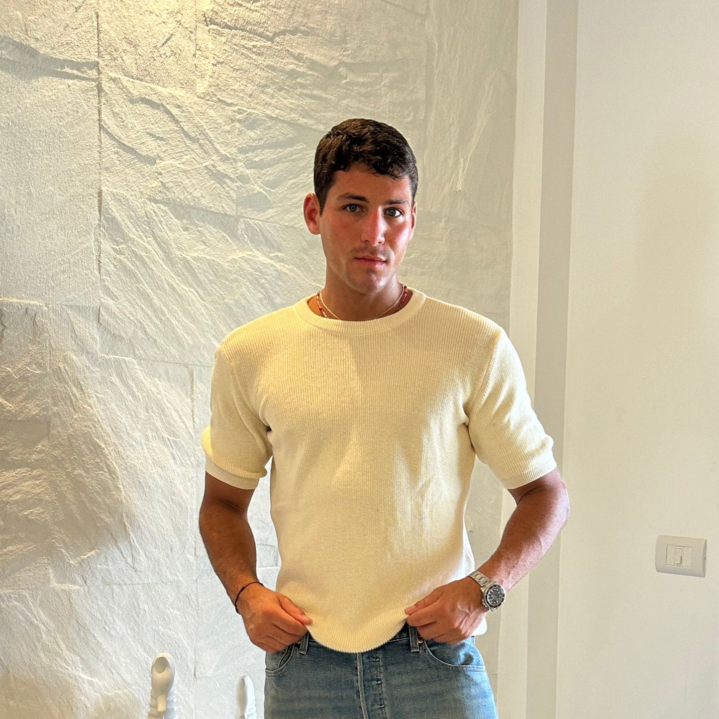 Knitted textured crew neck Tee | Stone
