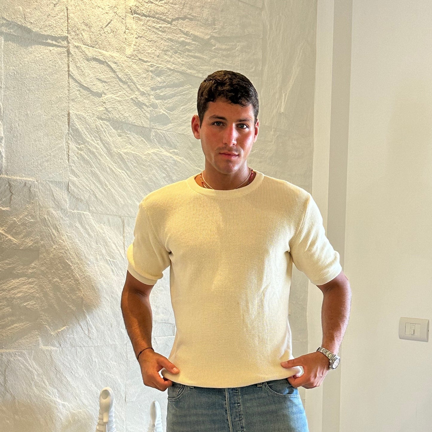 Knitted textured crew neck Tee | Stone