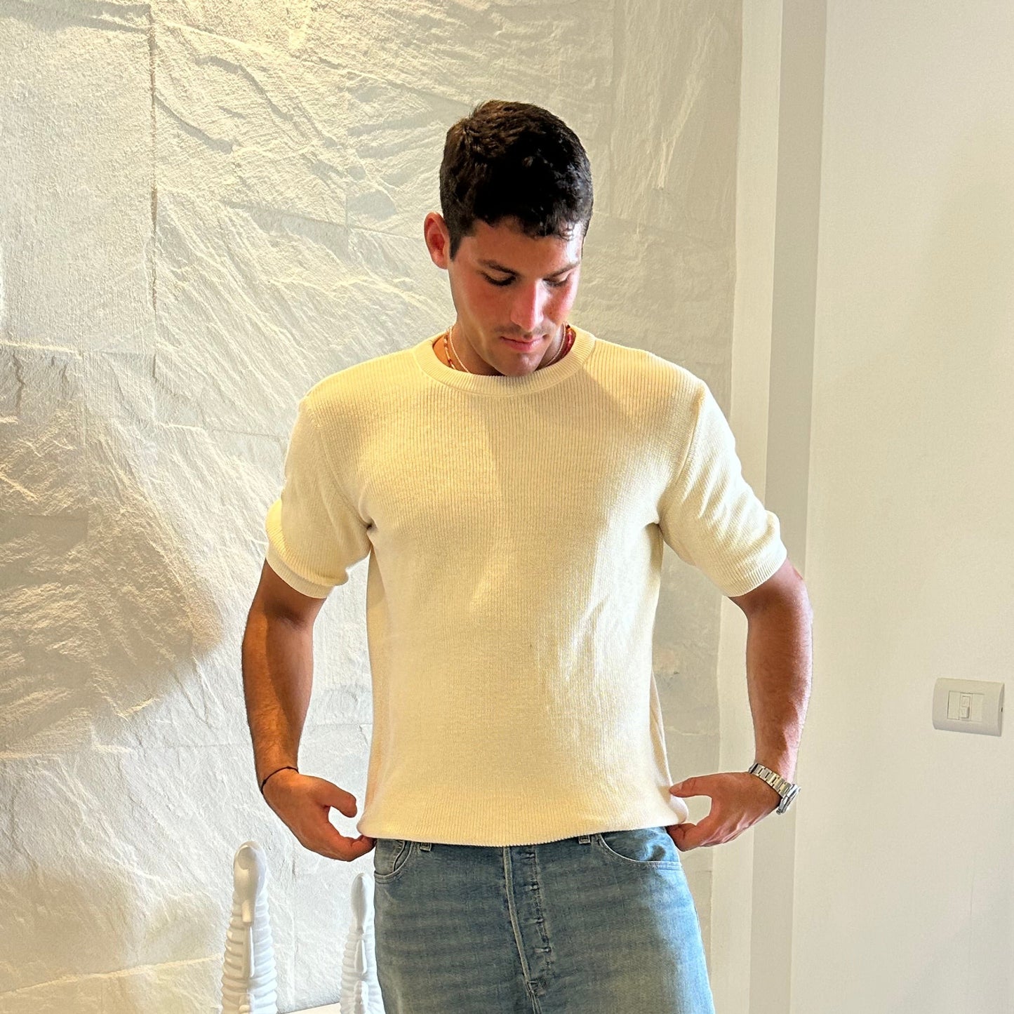 Knitted textured crew neck Tee | Stone