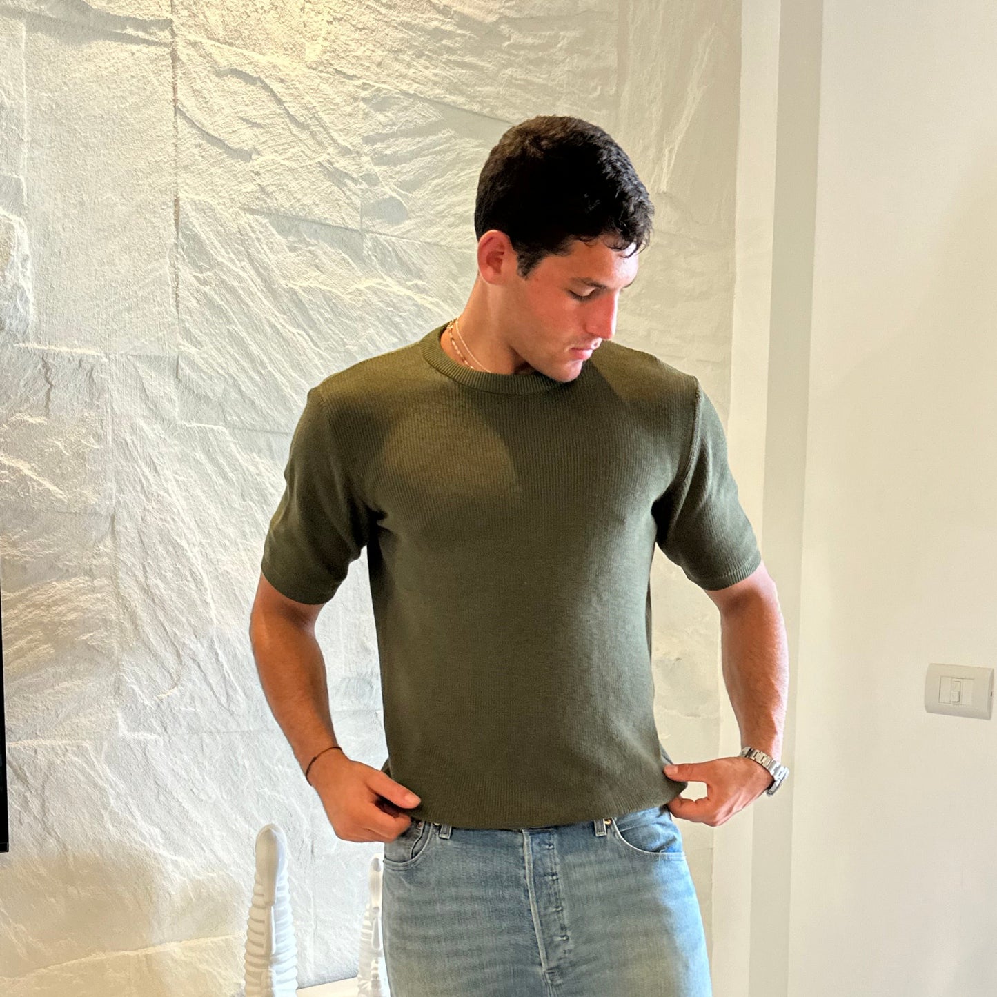 Knitted textured crew neck Tee | Mid-Green