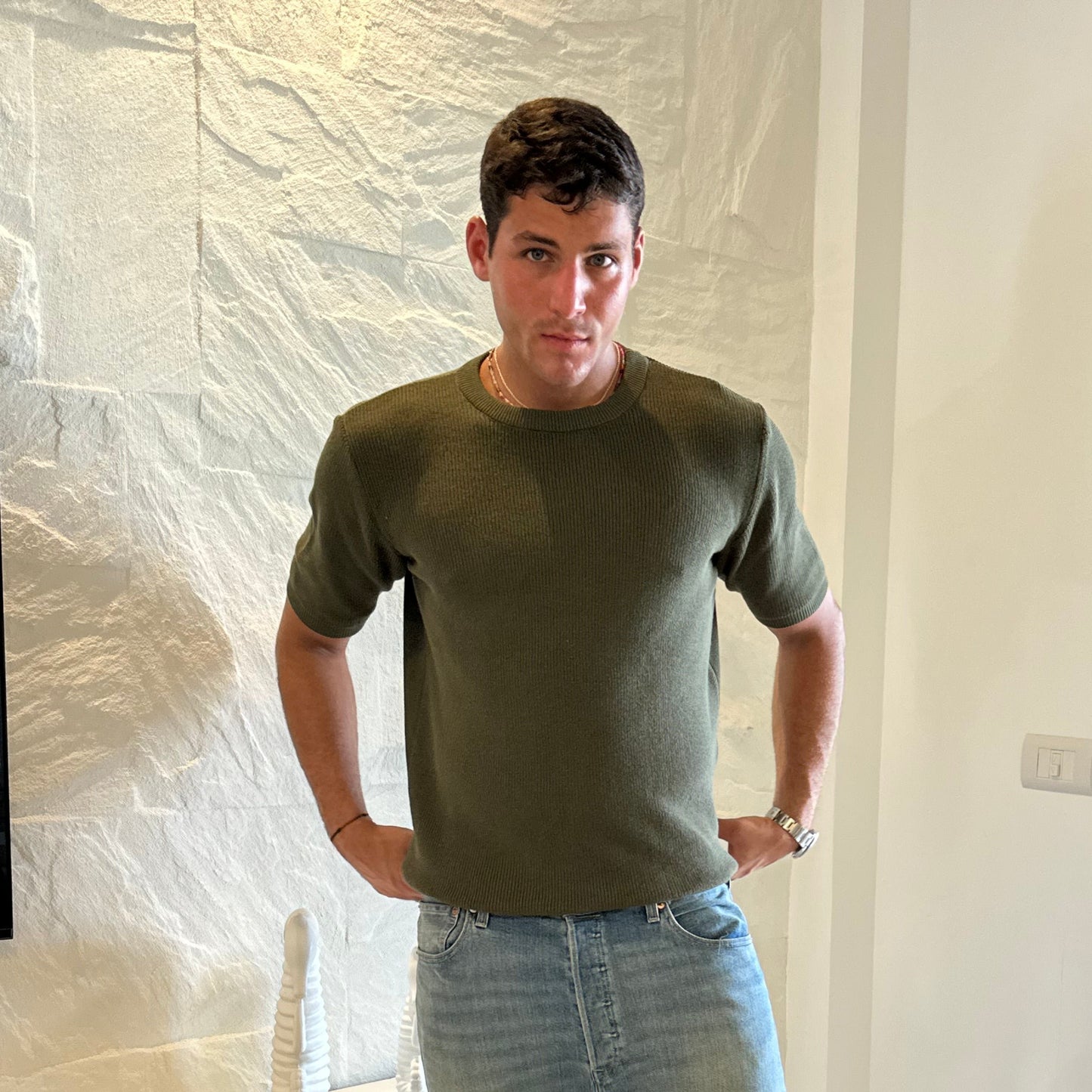 Knitted textured crew neck Tee | Mid-Green