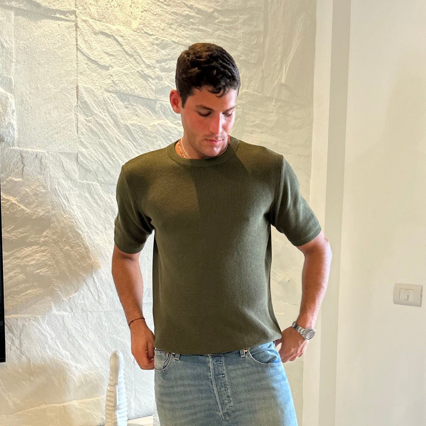 Knitted textured crew neck Tee | Mid-Green