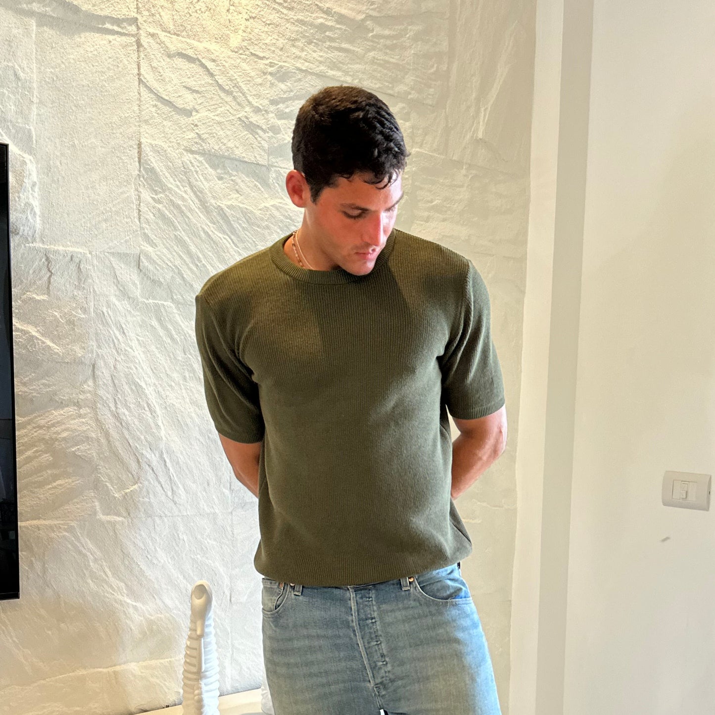 Knitted textured crew neck Tee | Mid-Green
