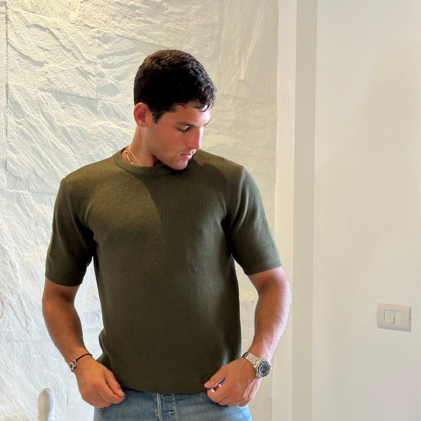Knitted textured crew neck Tee | Mid-Green
